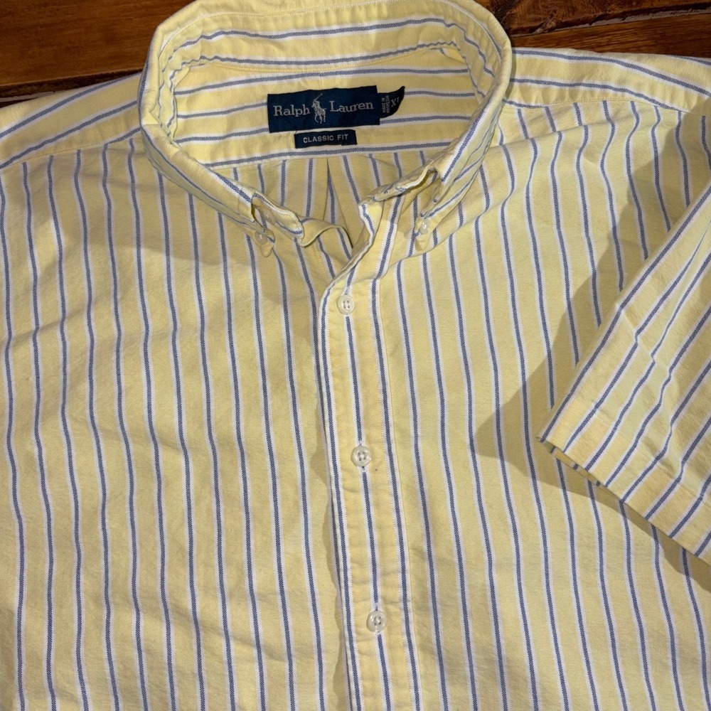 Ralph Lauren Shirt Men's XL Classic Fit Yellow Blue Stripe Short Slv Button Down